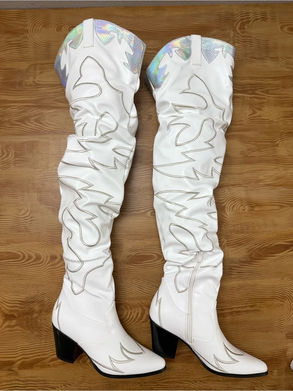 White Over-the-Knee Western-Inspired Boots with Iridescent Trim